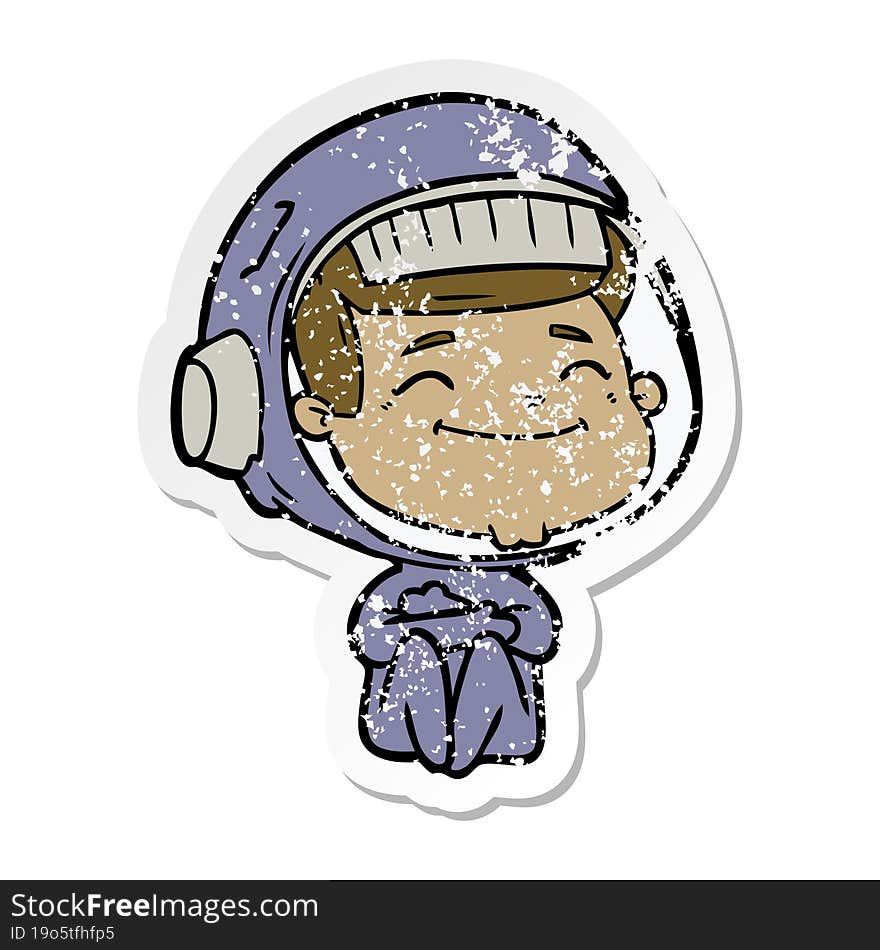 distressed sticker of a happy cartoon astronaut