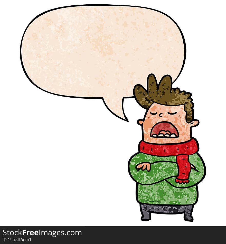 cartoon obnoxious man in winter clothes and speech bubble in retro texture style