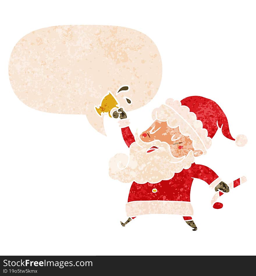 cartoon santa claus with hot cocoa and speech bubble in retro textured style