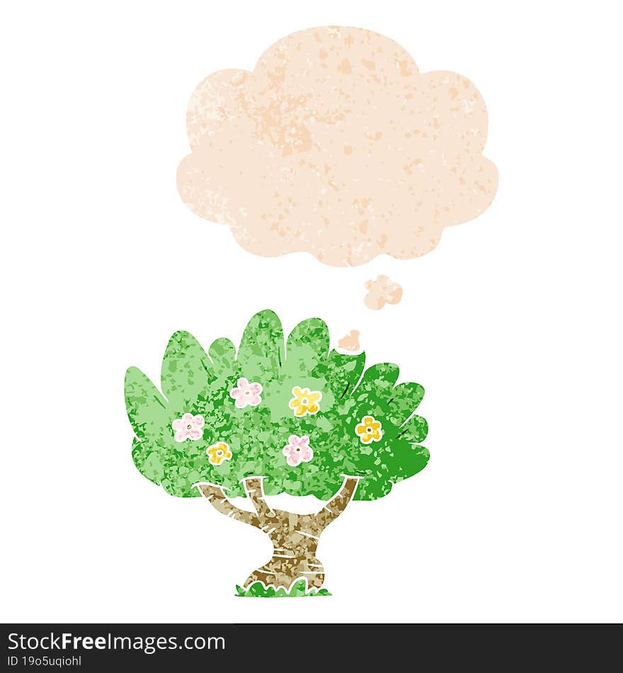 cartoon tree and thought bubble in retro textured style