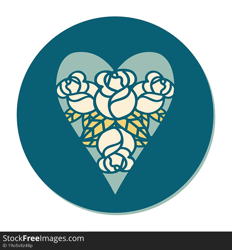 sticker of tattoo in traditional style of a heart and flowers. sticker of tattoo in traditional style of a heart and flowers