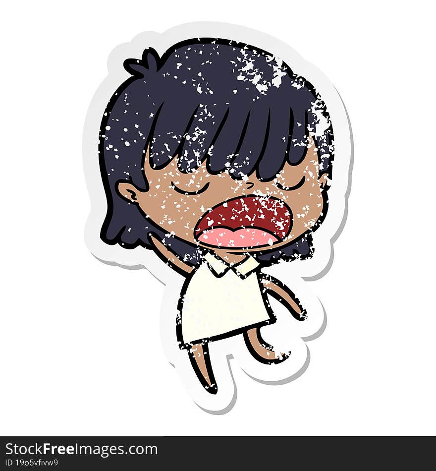 distressed sticker of a cartoon woman talking loudly