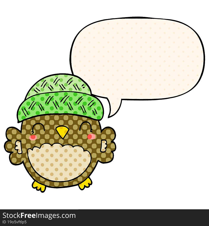 cute cartoon owl in hat and speech bubble in comic book style