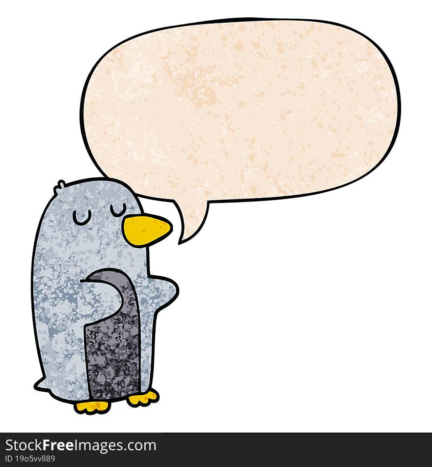 cartoon penguin and speech bubble in retro texture style