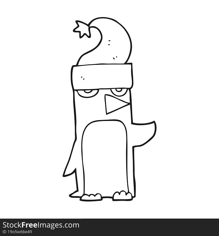 black and white cartoon penguin in christmas hat