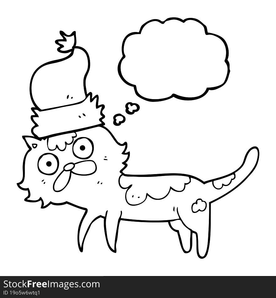 freehand drawn thought bubble cartoon cat wearing christmas hat