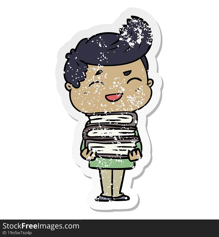 distressed sticker of a cartoon man laughing holding books