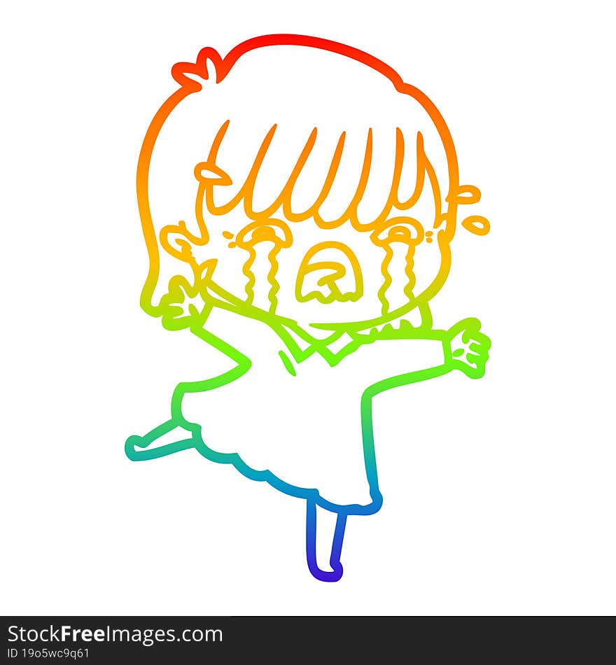 rainbow gradient line drawing of a cartoon girl crying