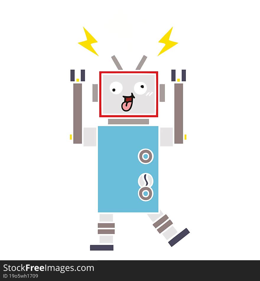 flat color retro cartoon of a crazy broken robot