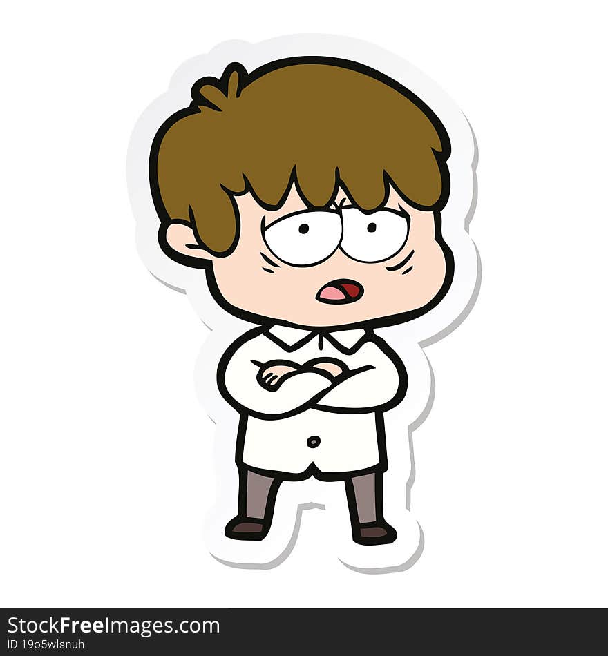 sticker of a cartoon exhausted boy