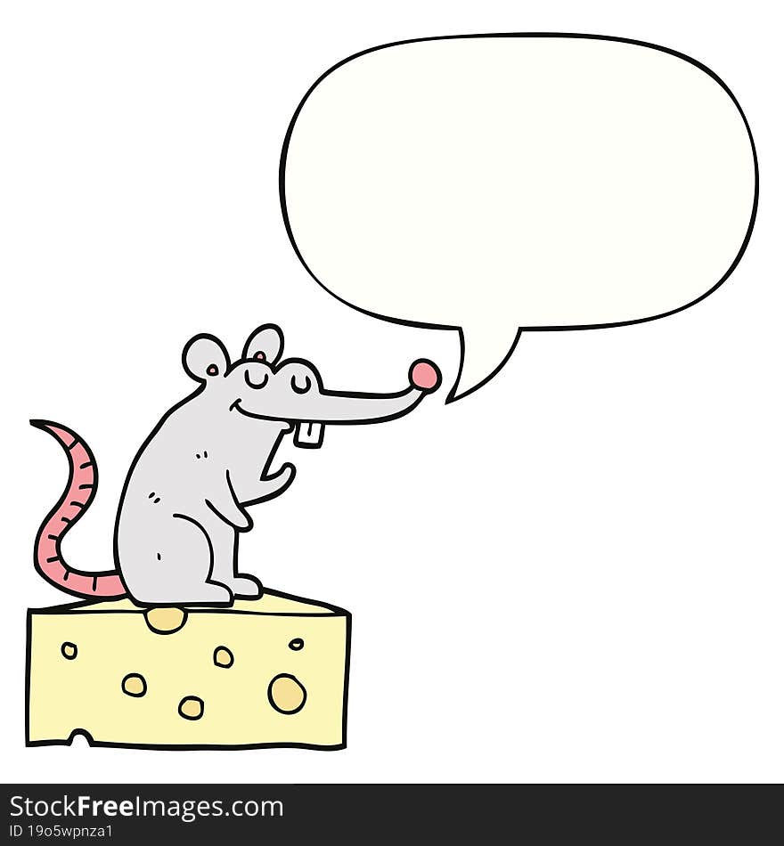 cartoon mouse sitting on cheese and speech bubble