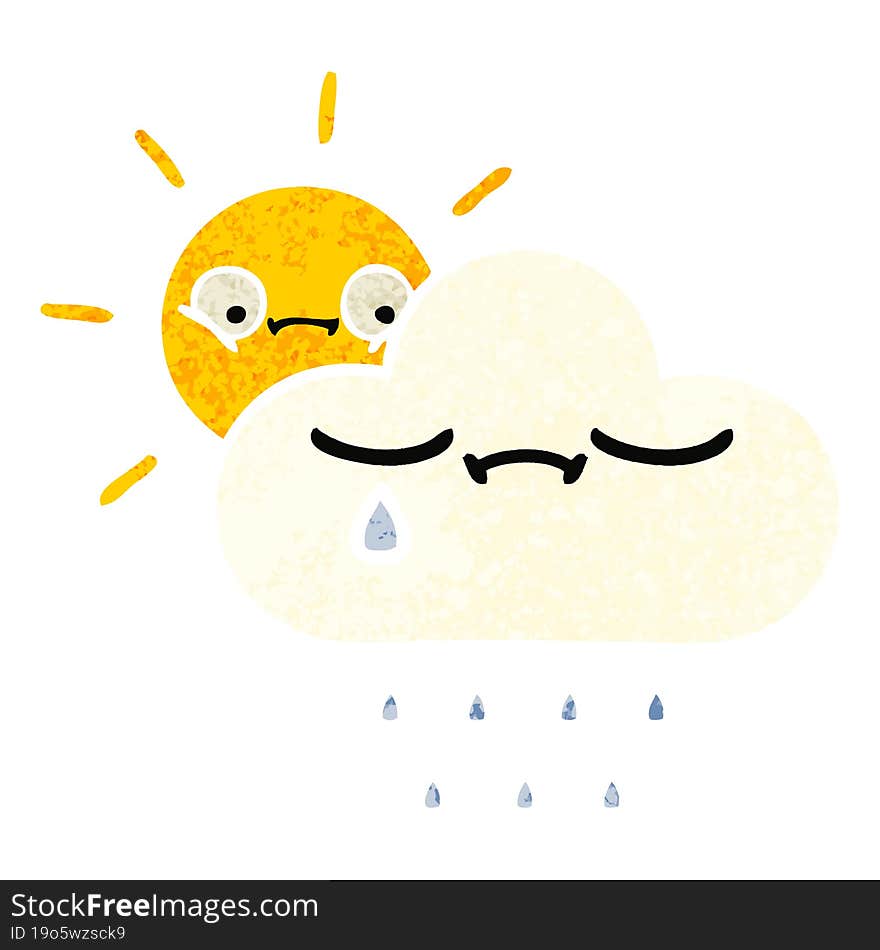 retro illustration style cartoon of a sunshine and rain cloud