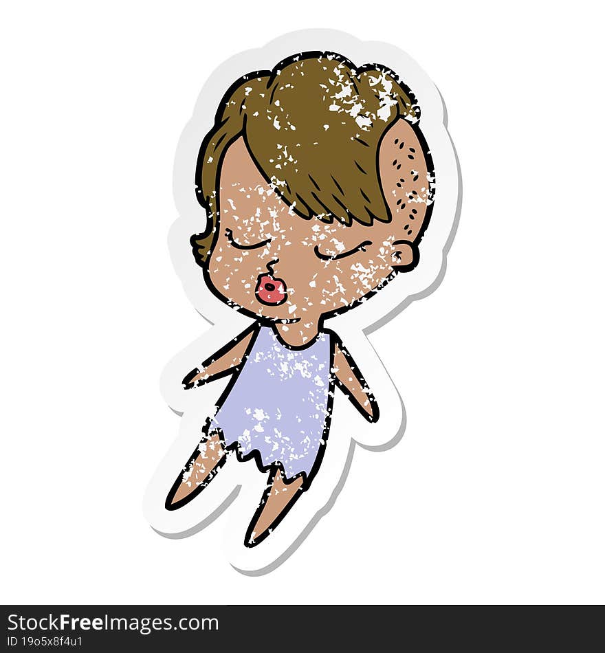 distressed sticker of a cartoon pretty hipster girl