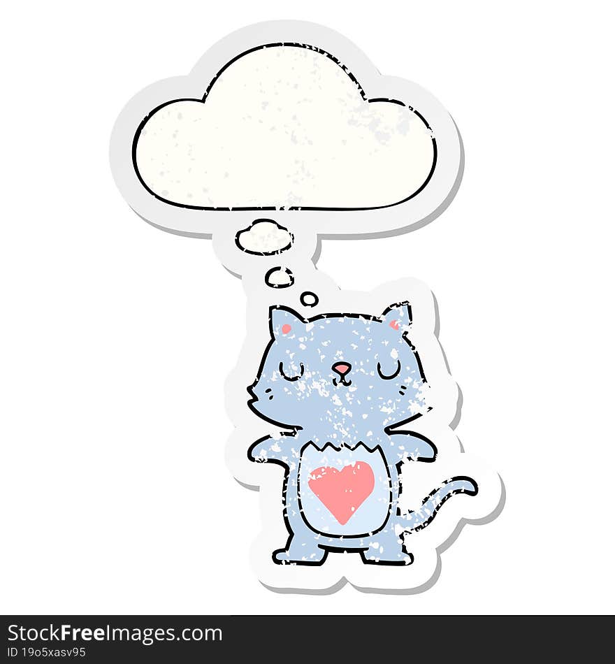 cute cartoon cat with thought bubble as a distressed worn sticker