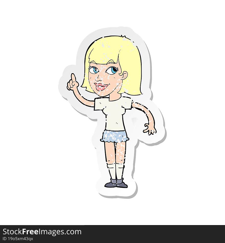 retro distressed sticker of a cartoon pretty girl with idea