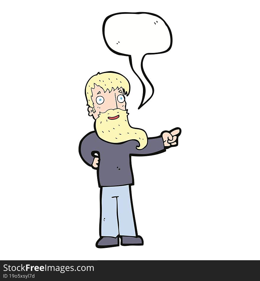 cartoon man with beard pointing with speech bubble