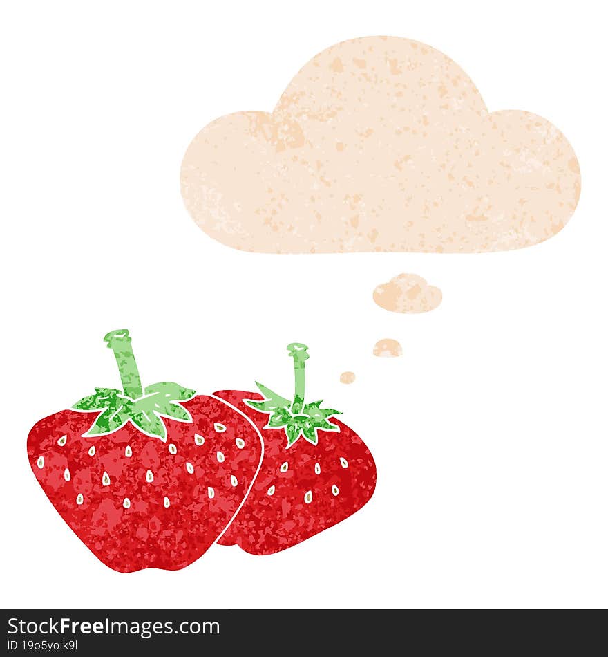 cartoon strawberry and thought bubble in retro textured style