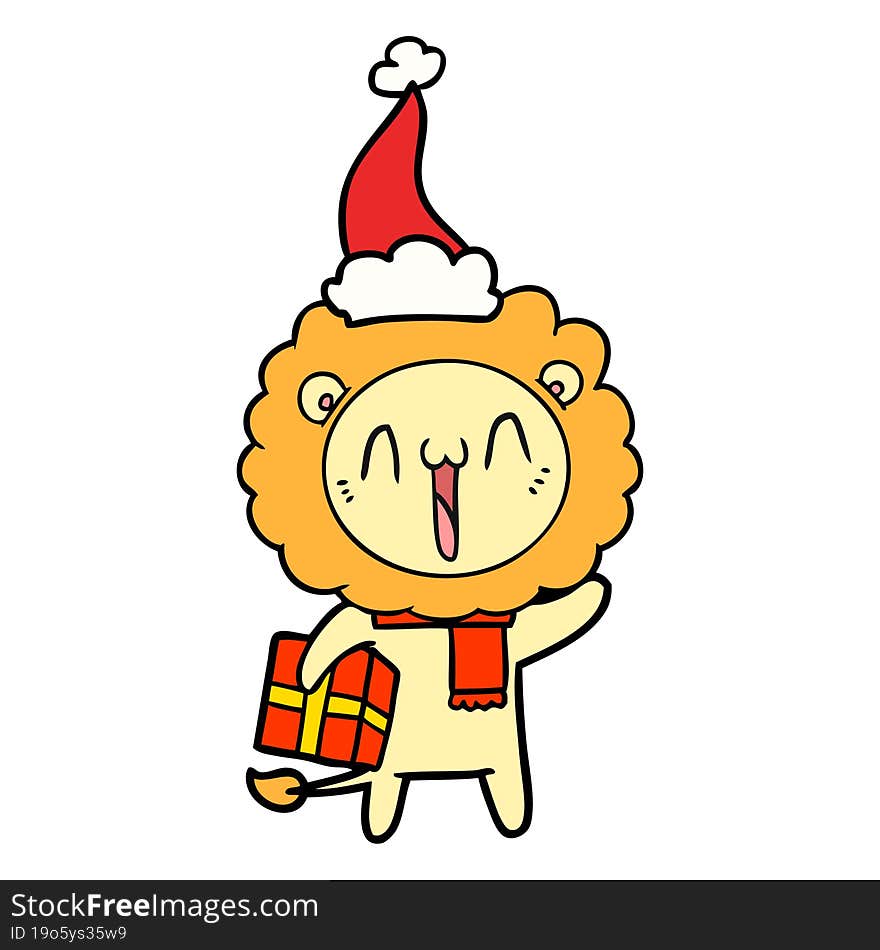 Happy Line Drawing Of A Lion Wearing Santa Hat