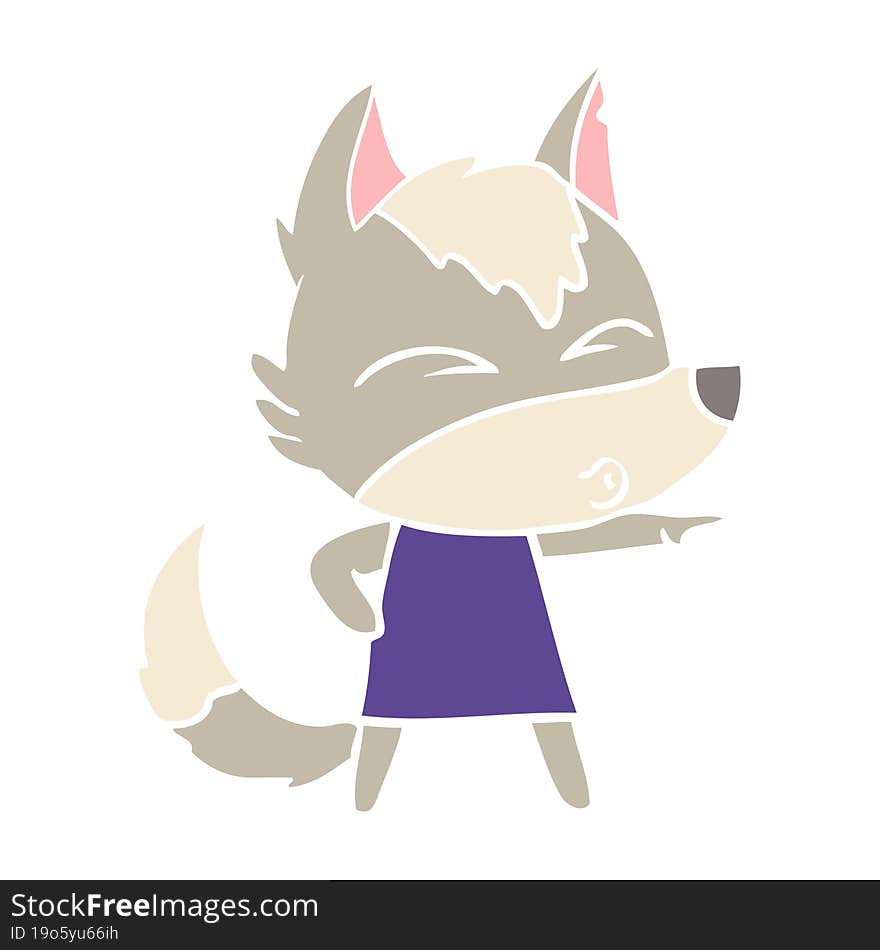 flat color style cartoon wolf girl whistling and pointing