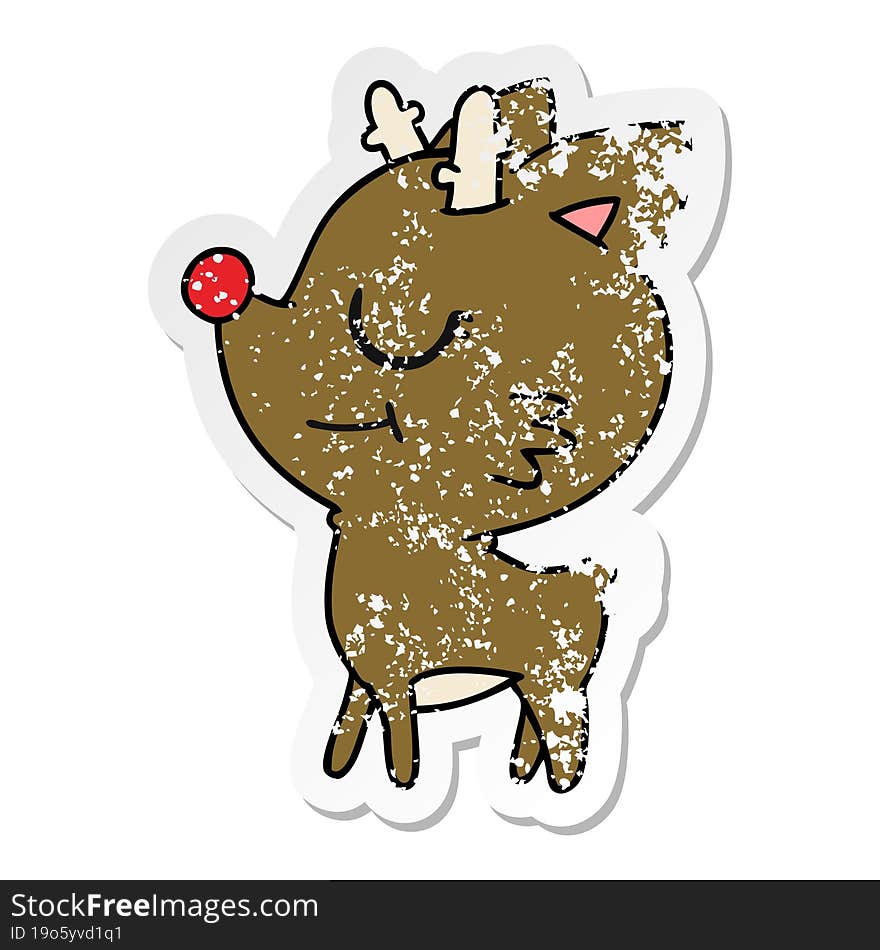 freehand drawn distressed sticker cartoon of cute red nosed reindeer