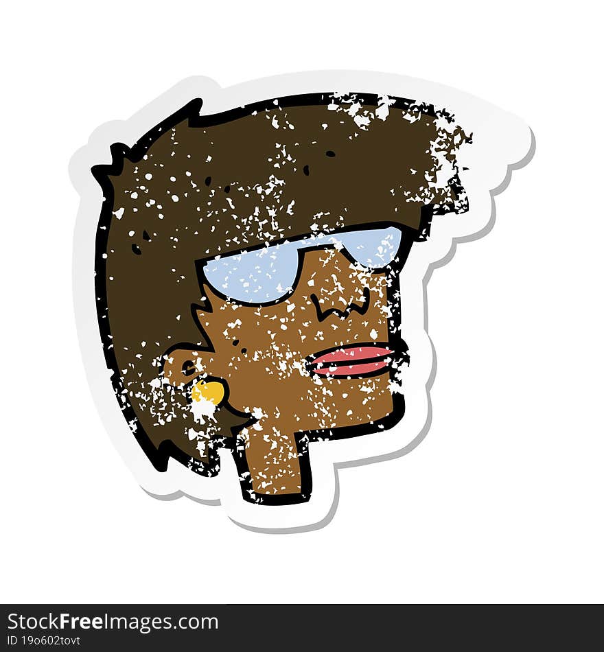 retro distressed sticker of a cartoon female face with glasses