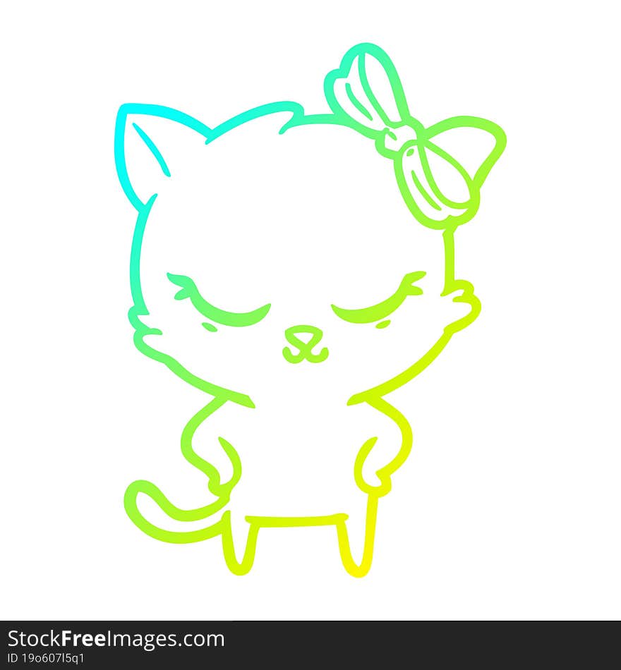 Cold Gradient Line Drawing Cute Cartoon Cat With Bow