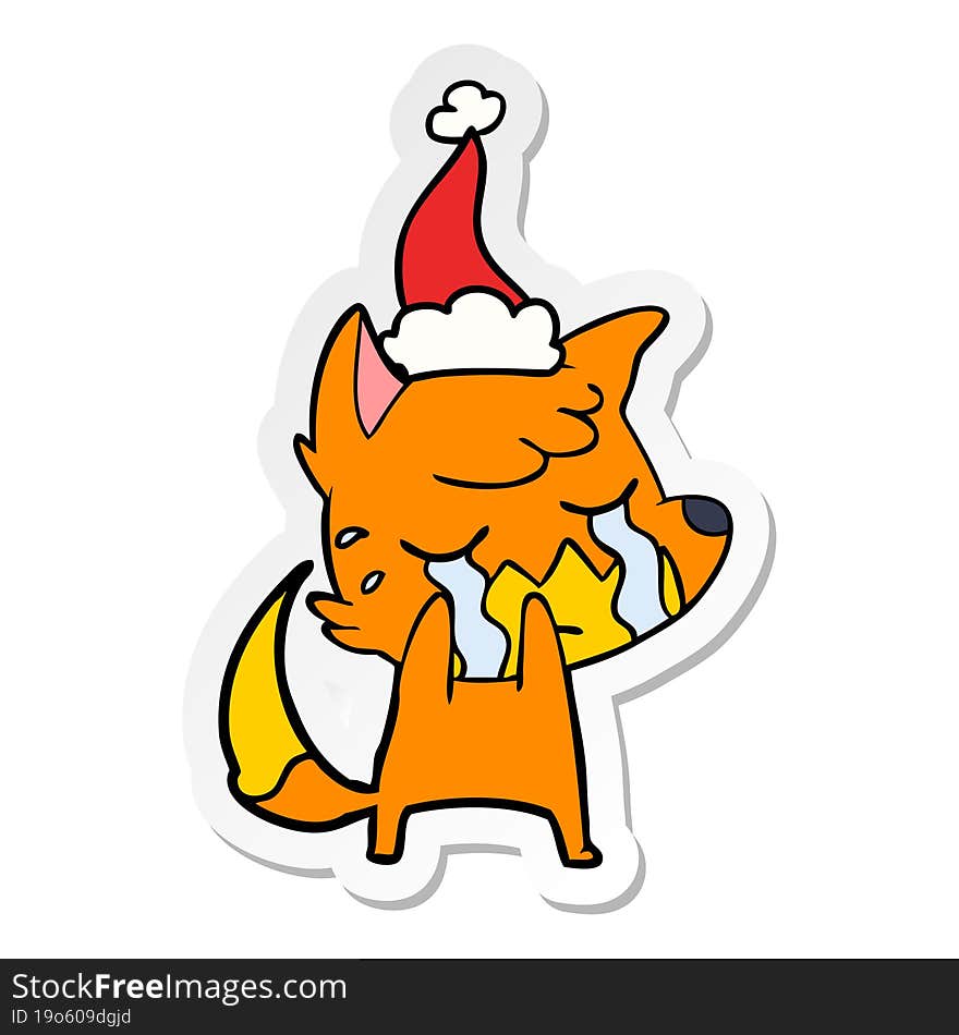 crying fox sticker cartoon of a wearing santa hat