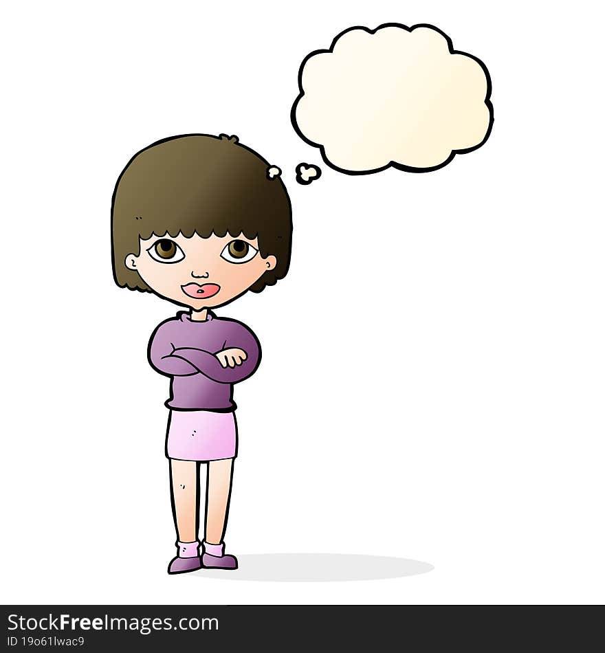 cartoon woman with folded arms with thought bubble