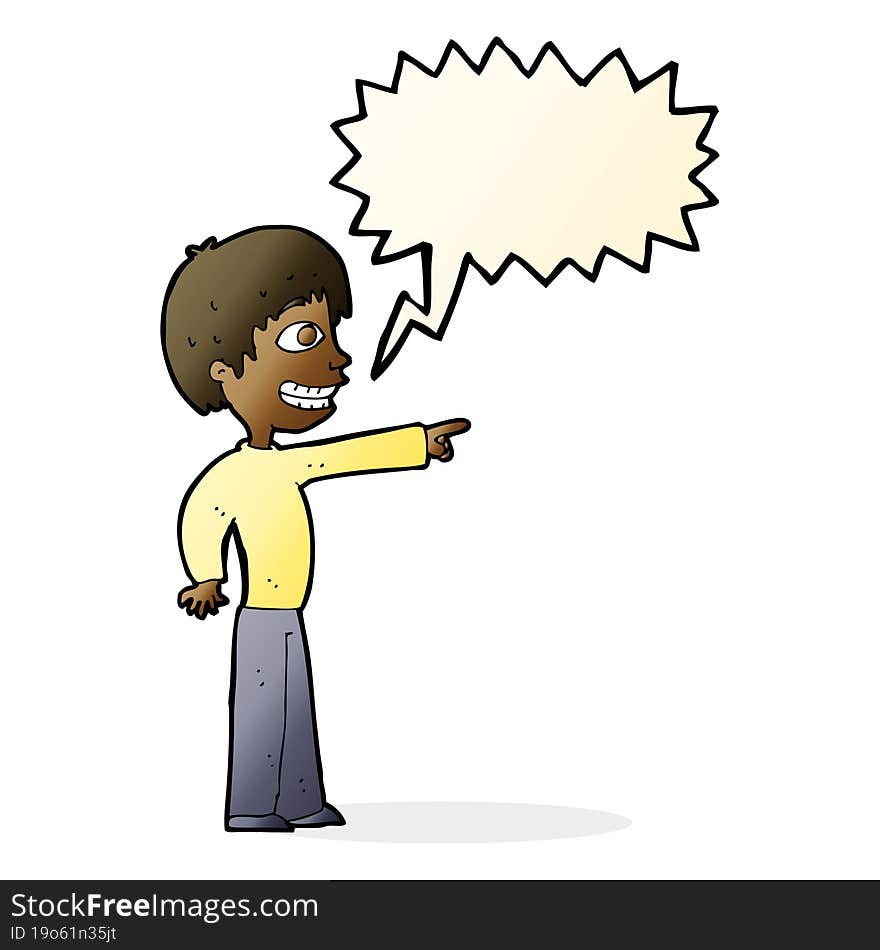 cartoon grinning boy pointing with speech bubble