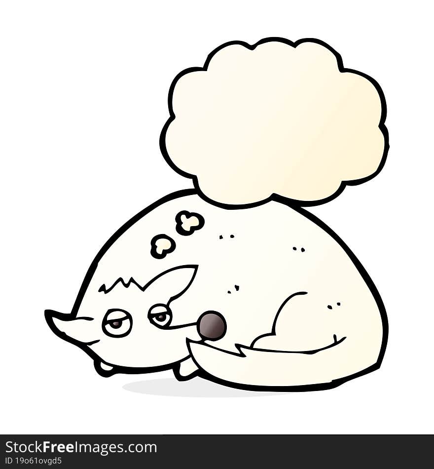 cartoon curled up dog with thought bubble