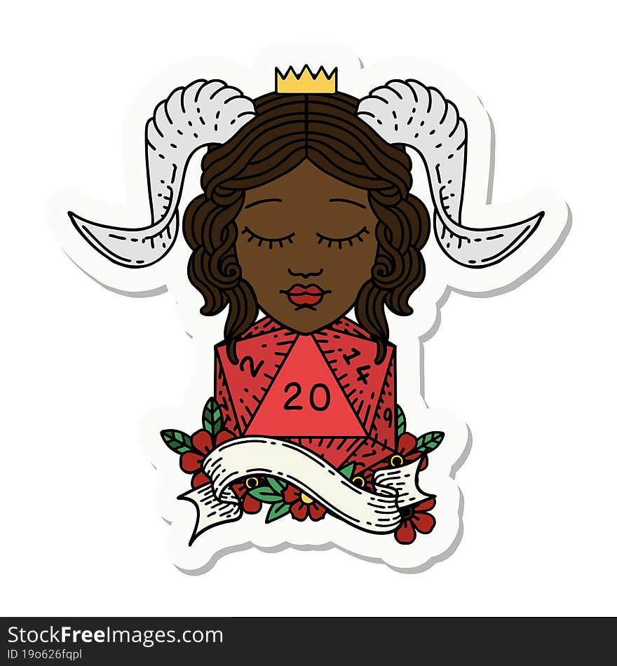 sticker of a tiefling with natural twenty dice roll. sticker of a tiefling with natural twenty dice roll