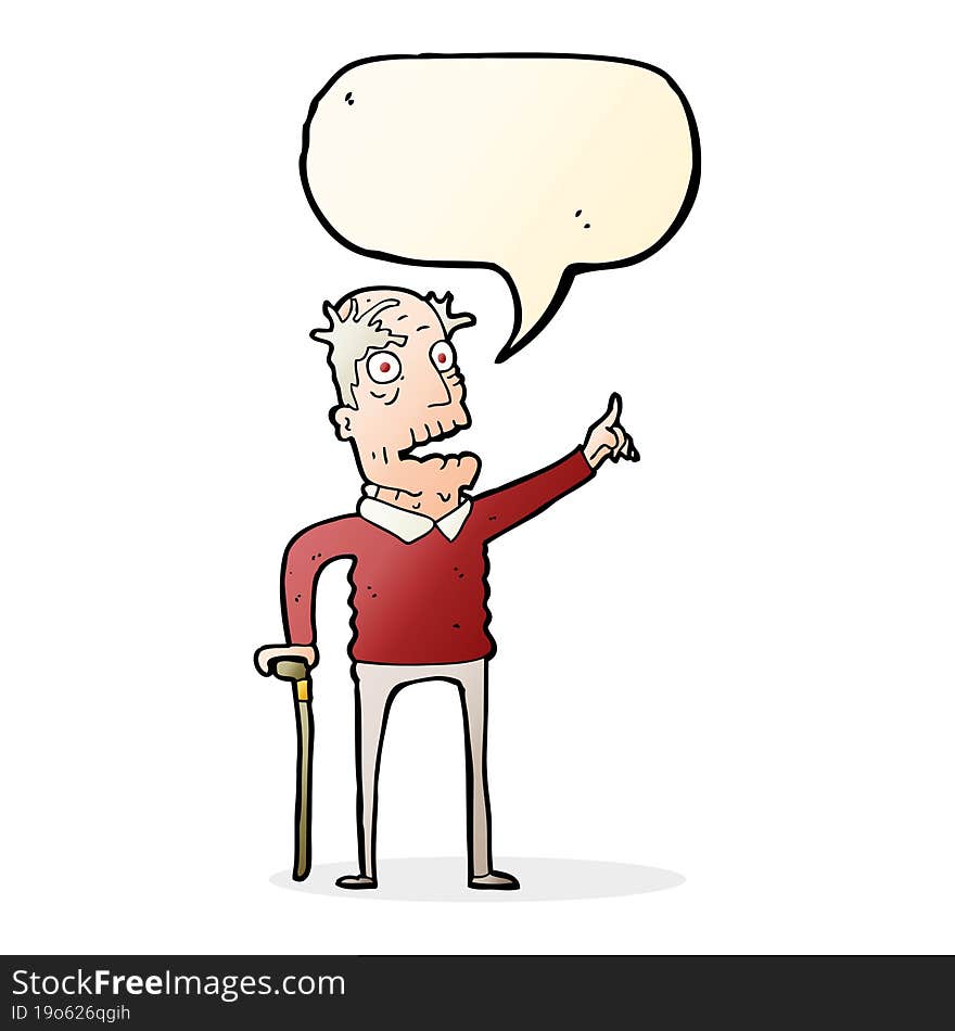 cartoon old man with walking stick with speech bubble