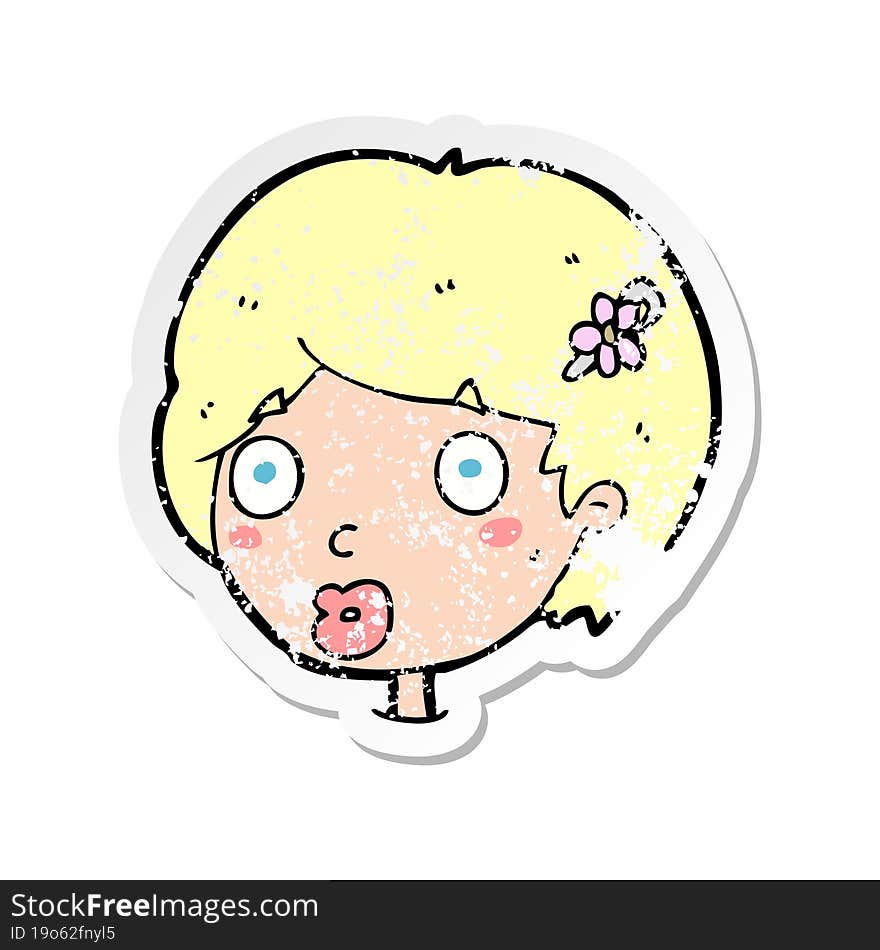 retro distressed sticker of a cartoon surprised female face