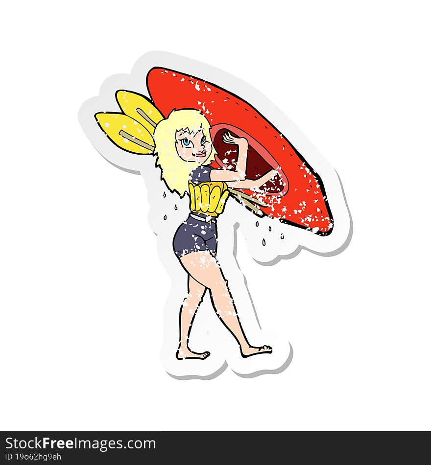 Retro Distressed Sticker Of A Cartoon Woman Carrying Canoe