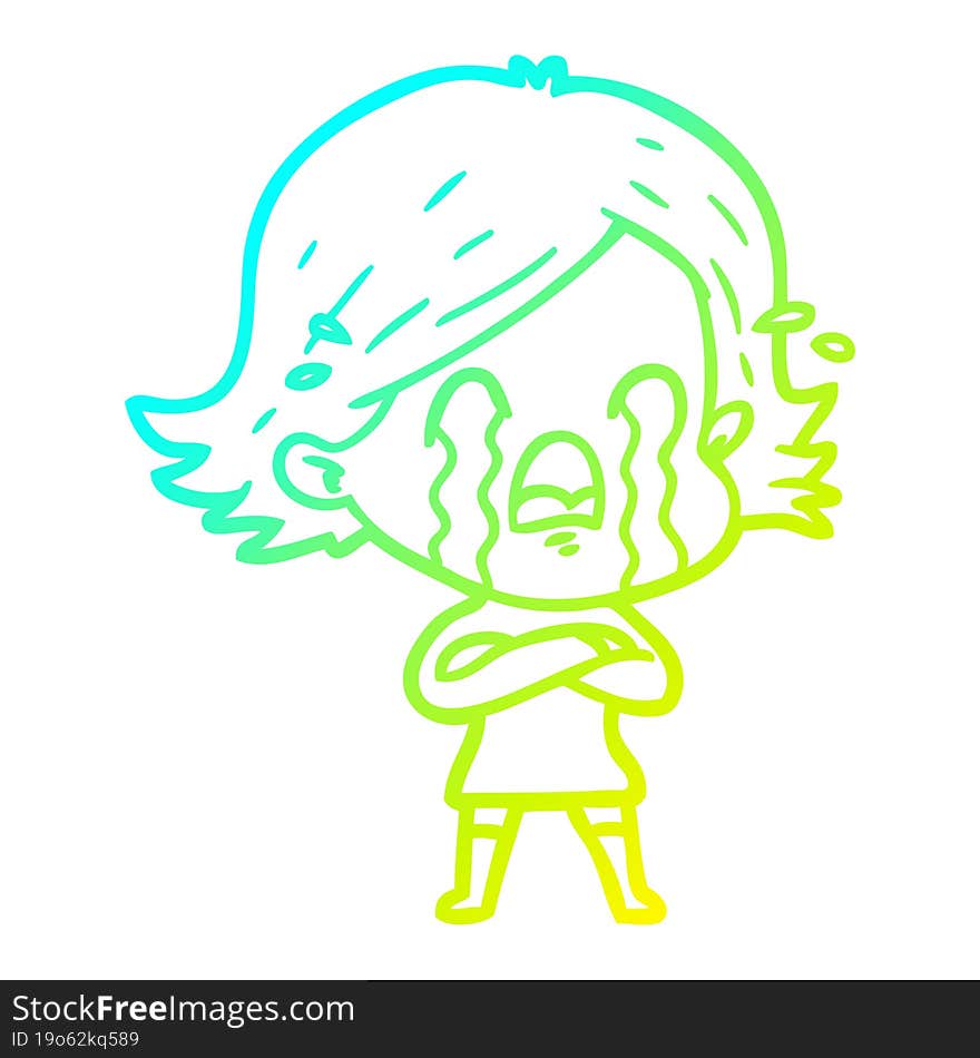 cold gradient line drawing of a cartoon woman crying