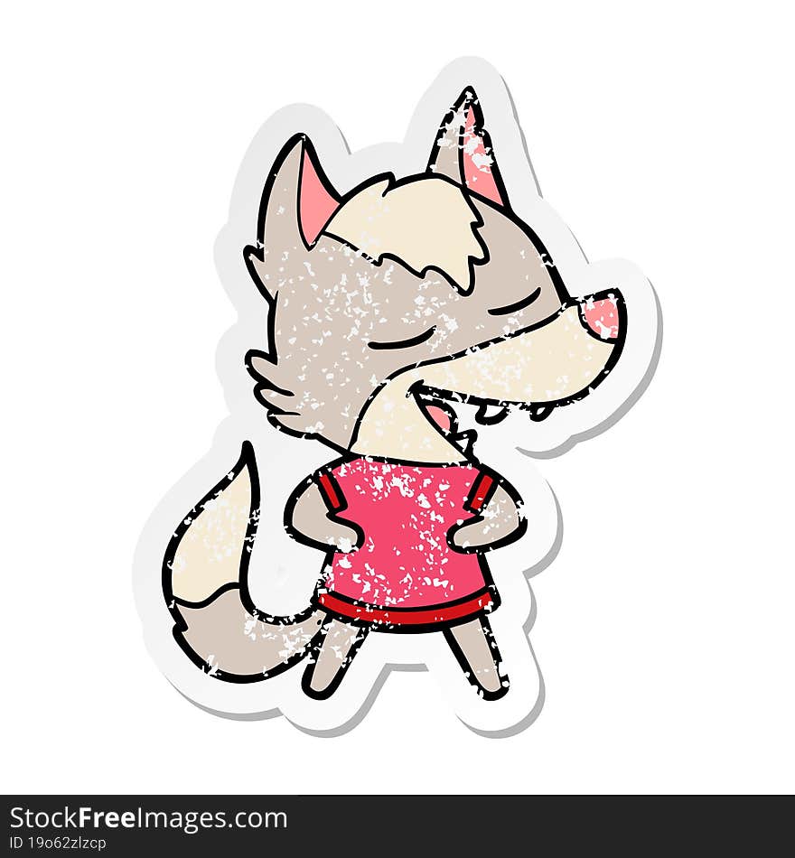 distressed sticker of a cartoon wolf laughing