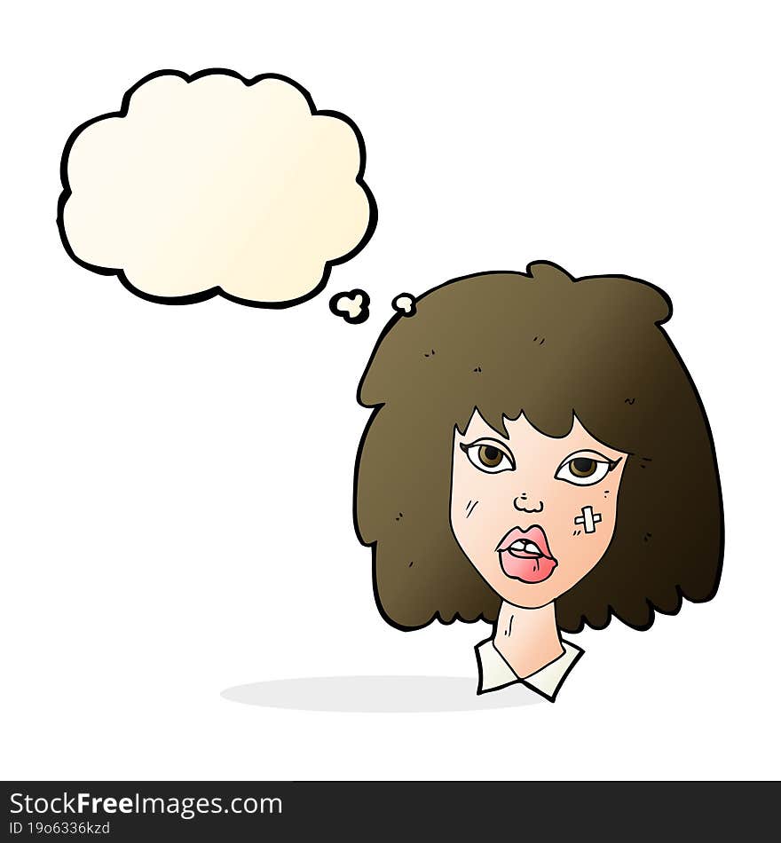 cartoon woman with bruised face with thought bubble