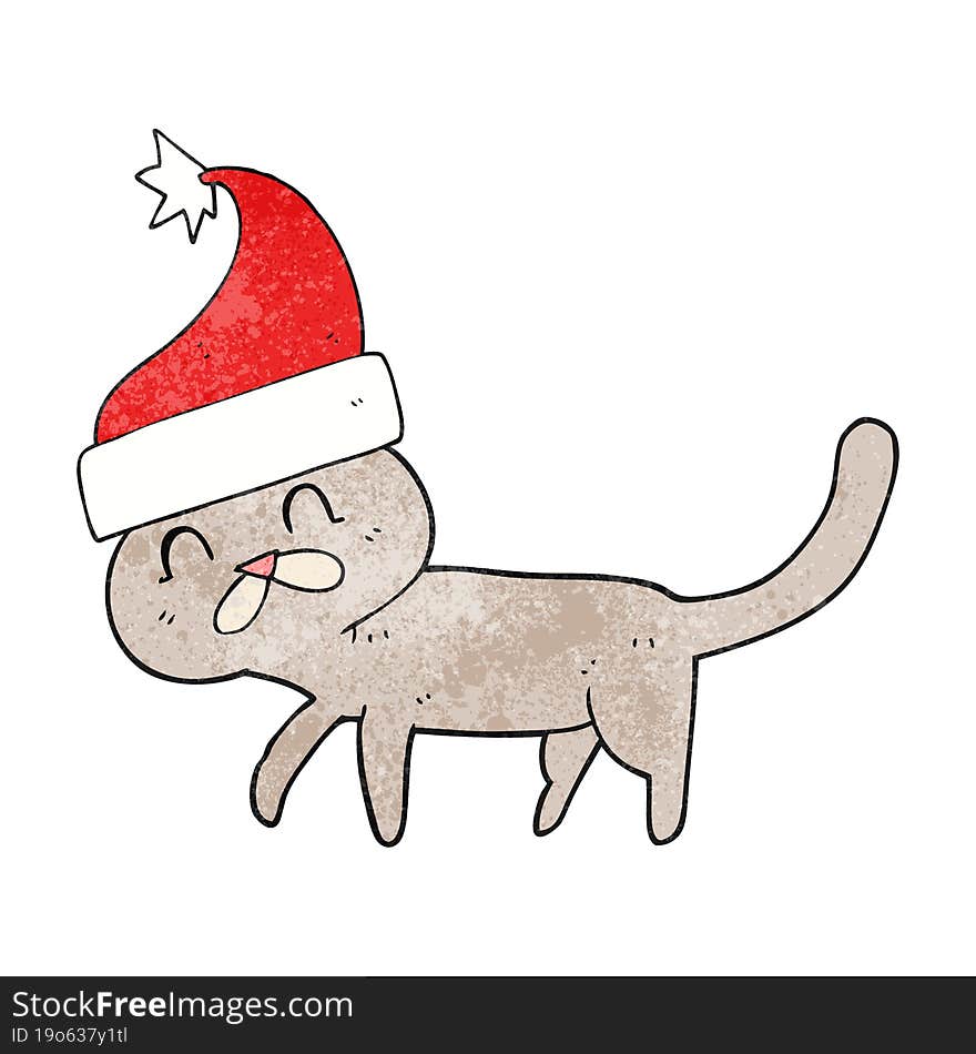 freehand textured cartoon cat wearing christmas hat