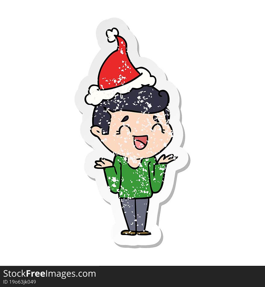 Distressed Sticker Cartoon Of A Laughing Confused Man Wearing Santa Hat