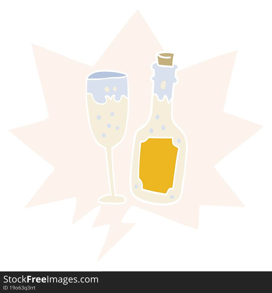 Cartoon Champagne Bottle And Glass And Speech Bubble In Retro Style