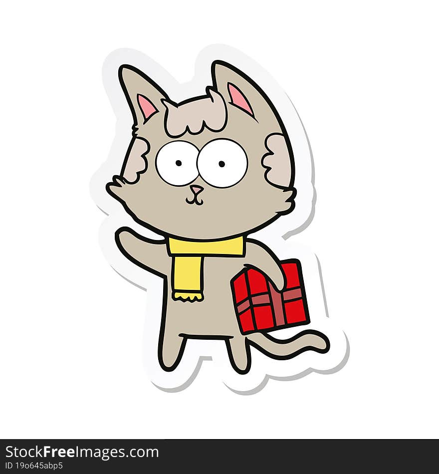 sticker of a happy cartoon cat with christmas present