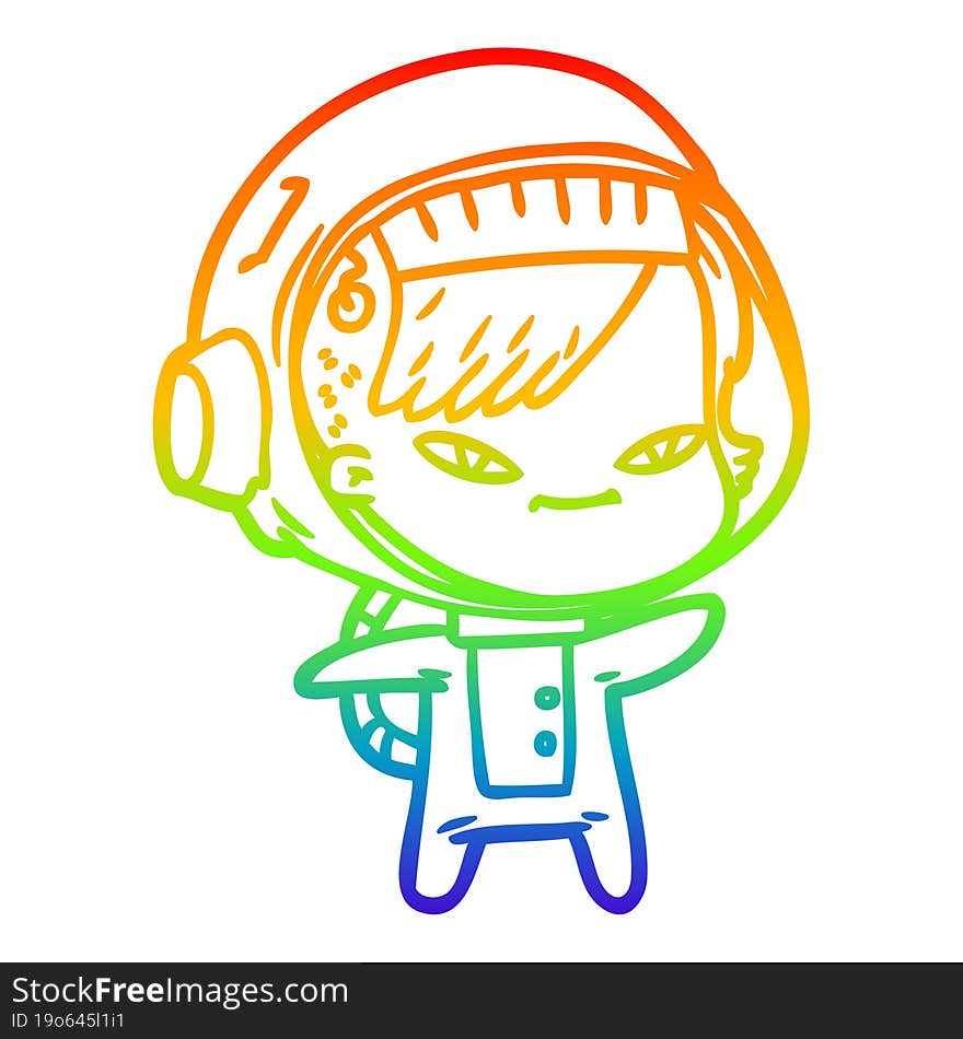 rainbow gradient line drawing of a cartoon astronaut woman