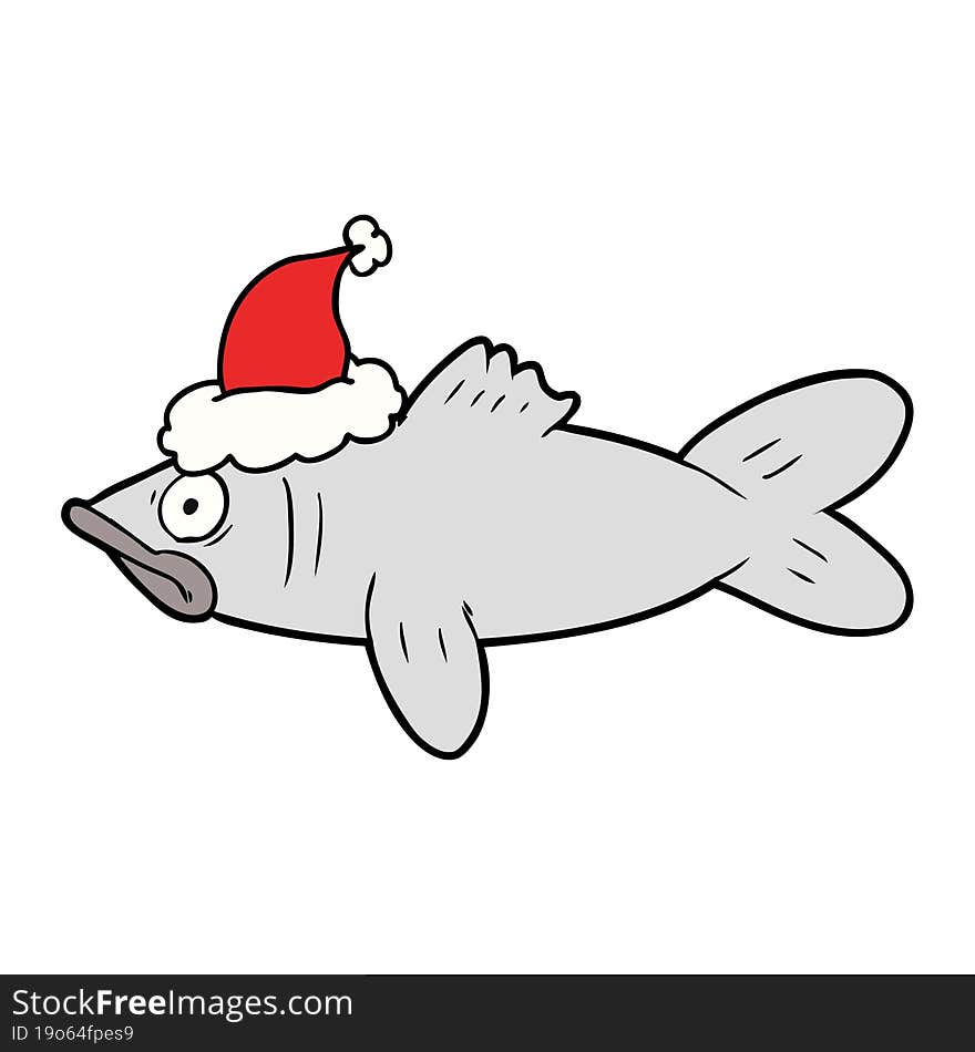 line drawing of a fish wearing santa hat