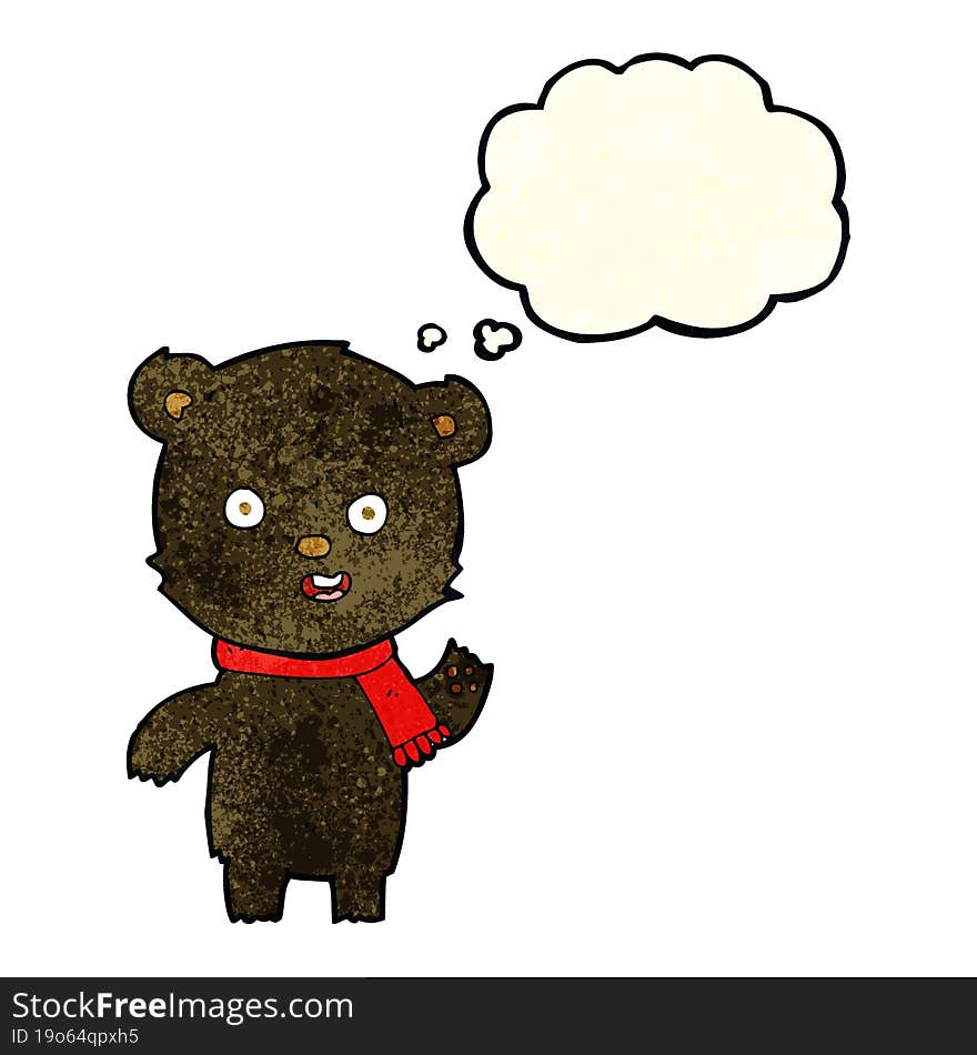 cartoon waving black bear cub with scarf with thought bubble