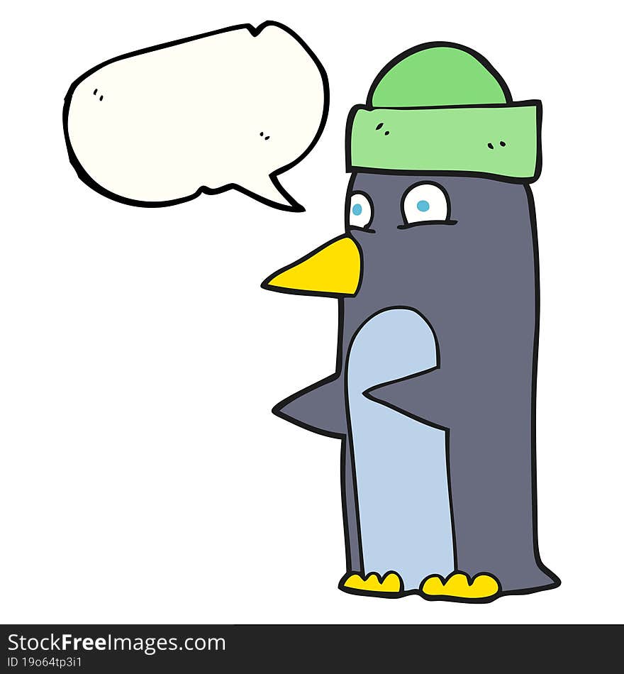 freehand drawn speech bubble cartoon penguin wearing hat