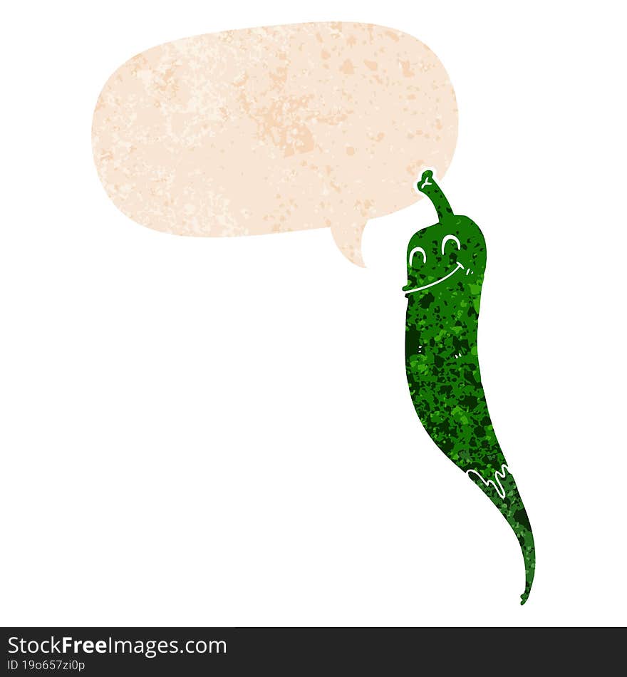 cartoon chili pepper and speech bubble in retro textured style