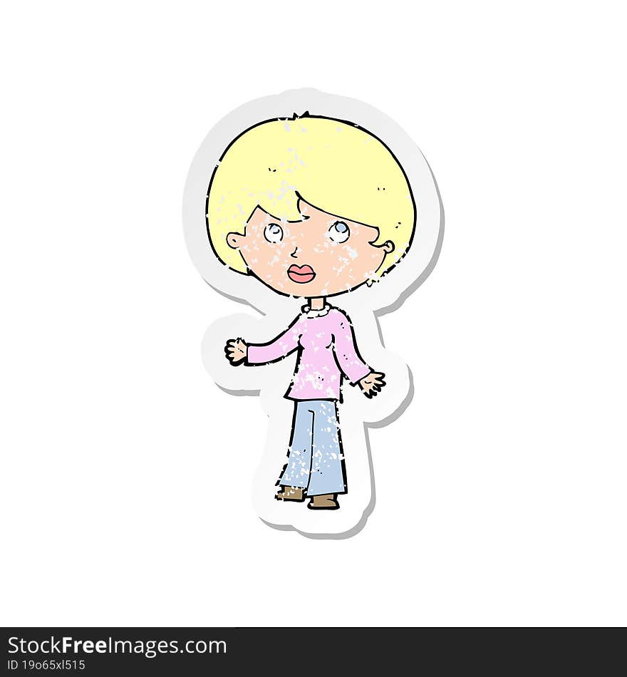 retro distressed sticker of a cartoon woman thinking