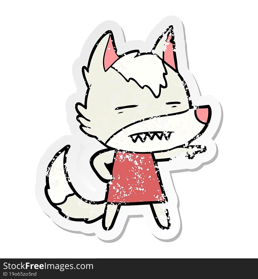 distressed sticker of a cartoon wolf showing teeth