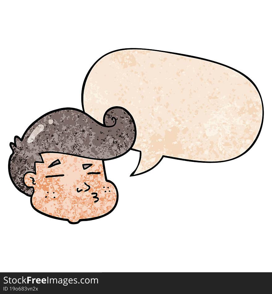 cartoon boy s face and speech bubble in retro texture style