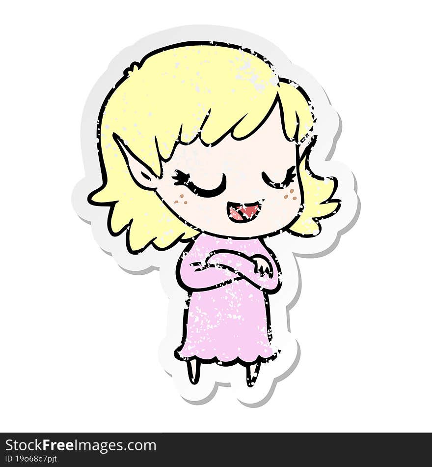 distressed sticker of a happy cartoon elf girl